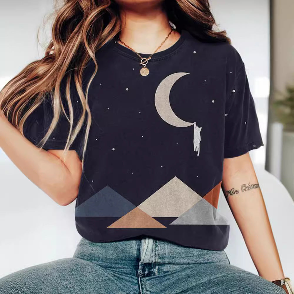 Short Sleeved Shirt Women's Printed Round Neck Pullover Short Sleeved Shirt