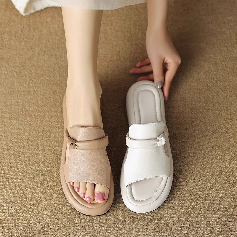 Soft Leather Slippers Open Toe Casual Slippers Women