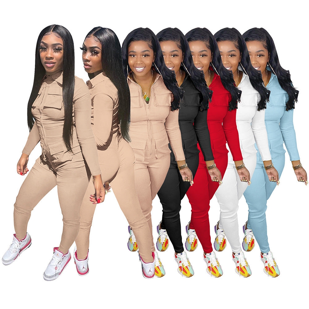 Jumpsuit Solid Color Long Overalls Zipper Pocket Jumpsuit