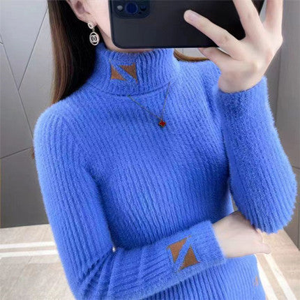 Women's Turtleneck Sweater Mink Fur Letter Jacquard