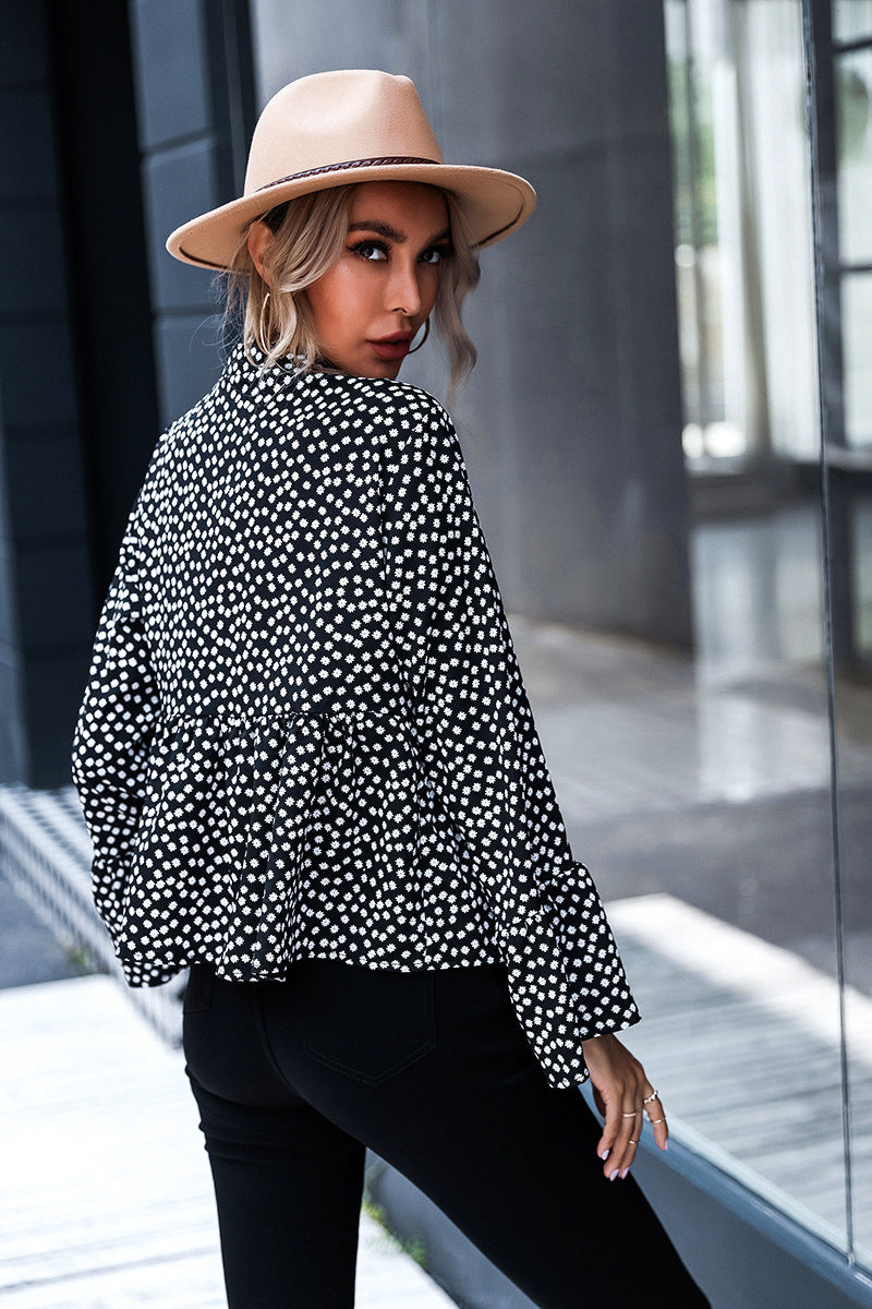 Women's Fashion V Neck Polka Dot Long Sleeve Shirt Elegant Top