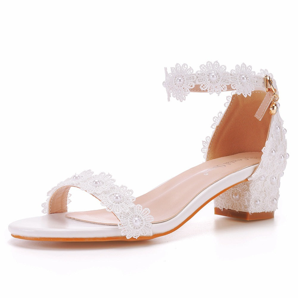 Heel Sandals 4cm Chunky Heel Low-cut Word With Beaded Square Heel Sandals