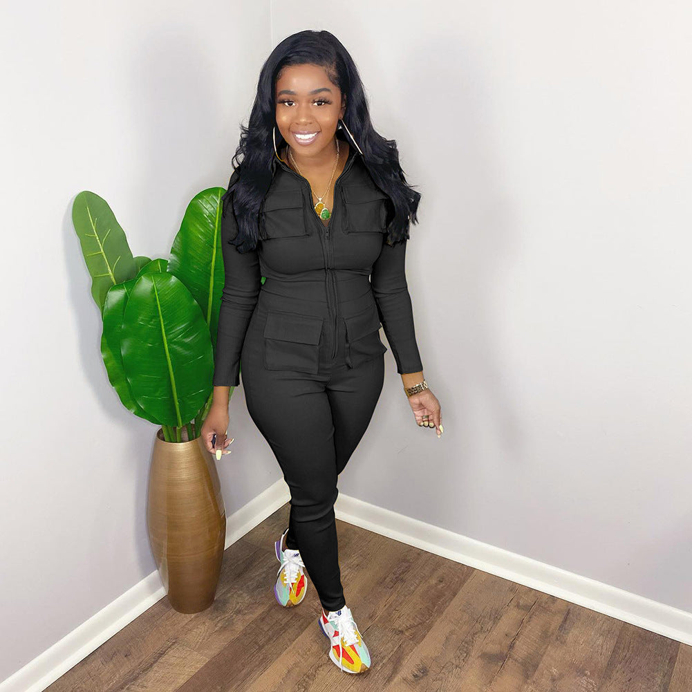 Jumpsuit Solid Color Long Overalls Zipper Pocket Jumpsuit