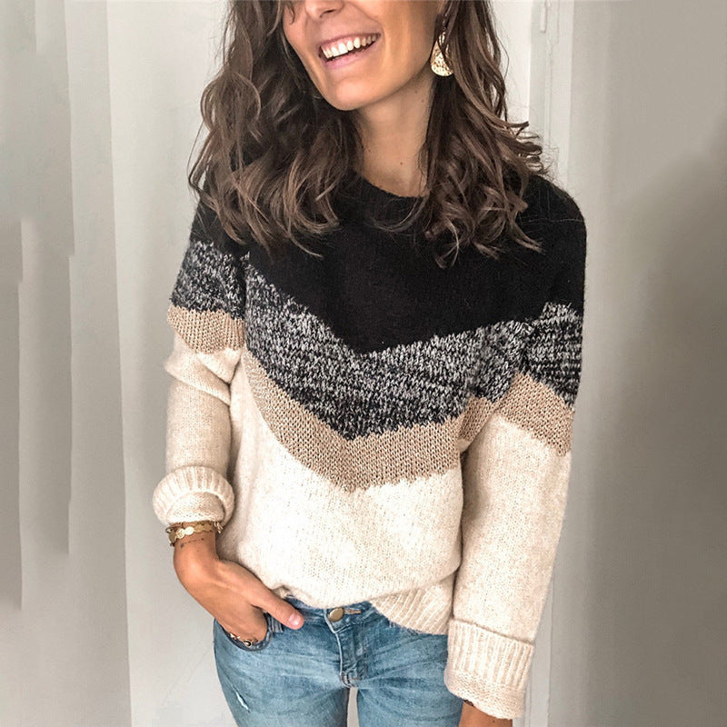 Contrast Panel Knit Pullover Crewneck Raglan Sleeve Sweater