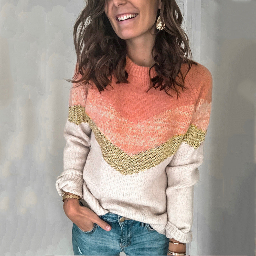 Contrast Panel Knit Pullover Crewneck Raglan Sleeve Sweater