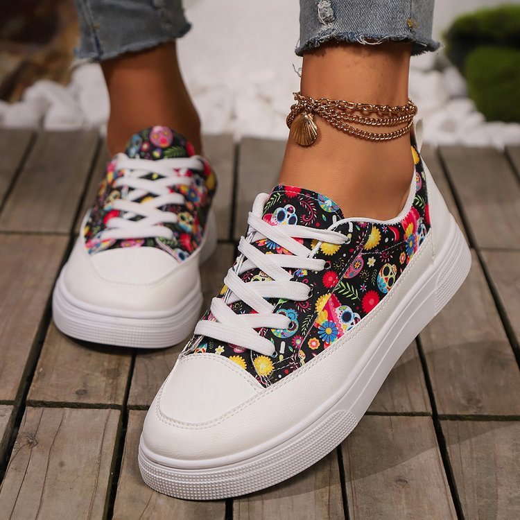 Shoes For Women Halloween Skull Print Lace-up Canvas Shoes For Women Fashion Breathable Versatile Flats Student Casual Shoes