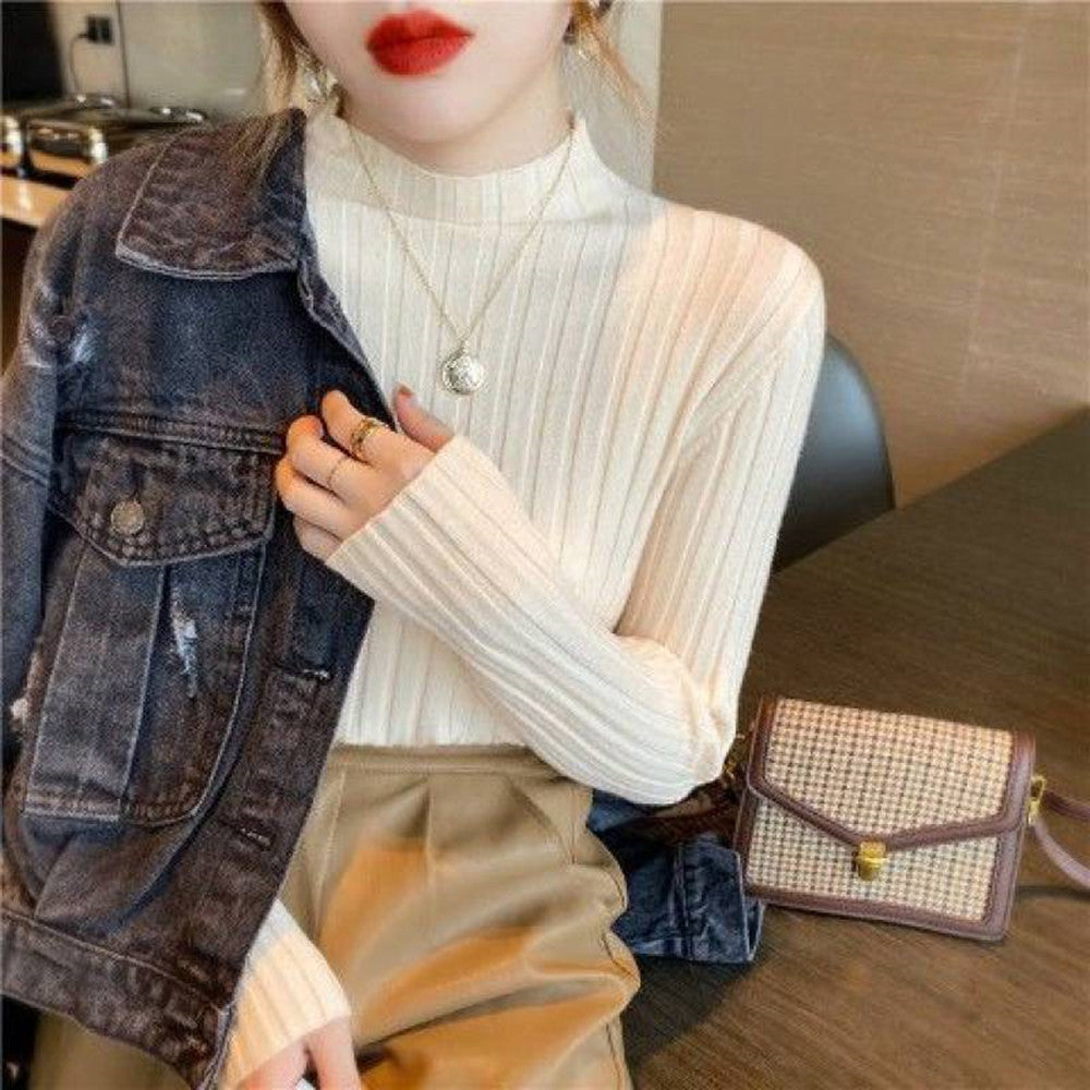 Women's Half High Collar White Knitting Top