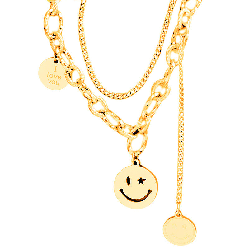 Titanium Steel Round Brand Smiley Face Double-layer Clavicle Chain Women