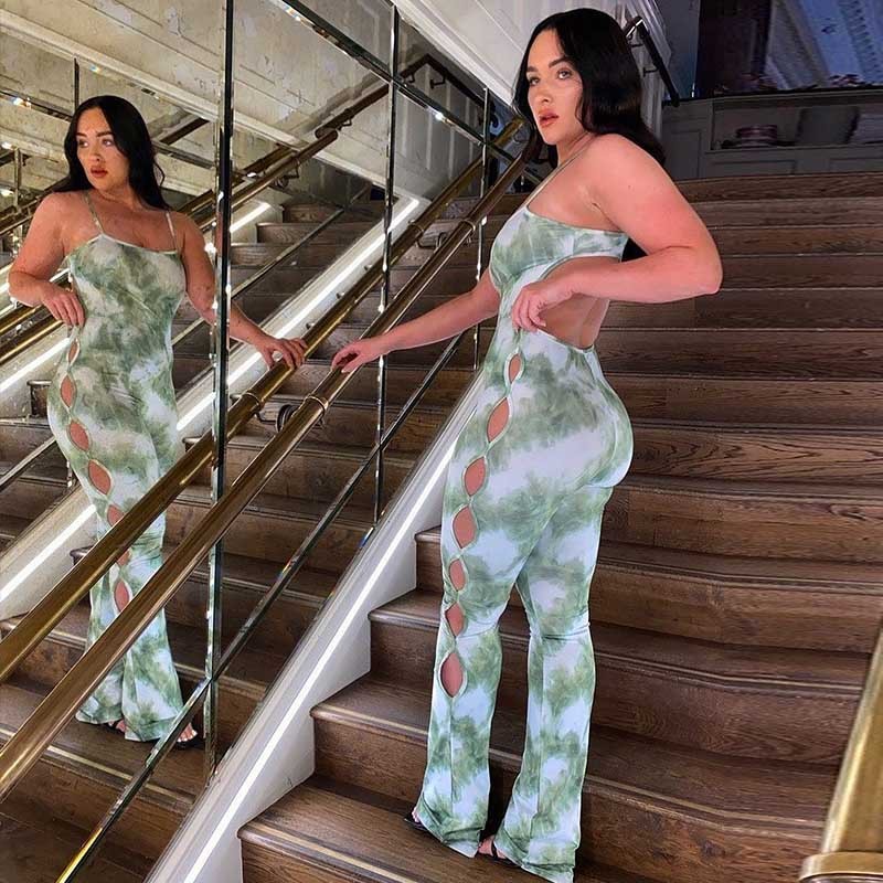 Jumpsuit Strap Digital Printing Hollow Out Jumpsuit Hip Lifting Slim Wide Leg All In One Pant