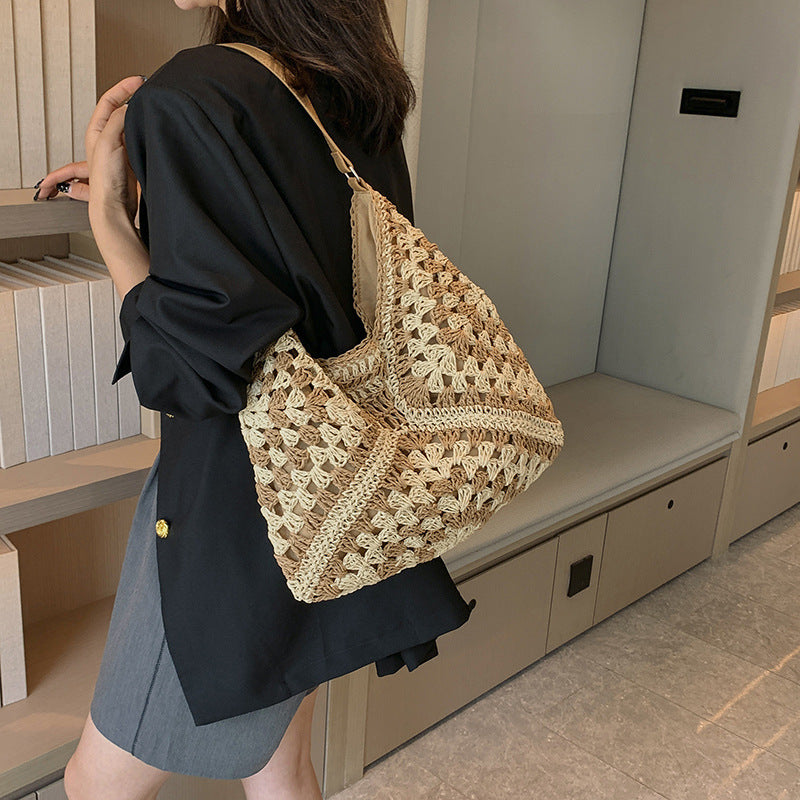 Shoulder Bag Women's Fashion Handmade Straw Woven Hollow Contrast Color Weave Shoulder Bag