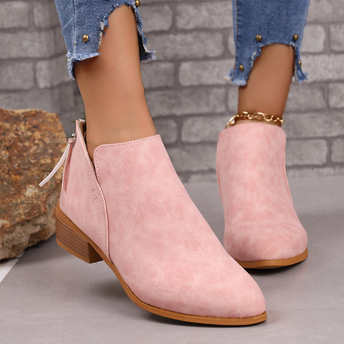 Short Boots For Women Chunky Heel Pointed Toe Ankle Boots With V-cut Design Fashion Fall Winter Short Boots For Women Shoes