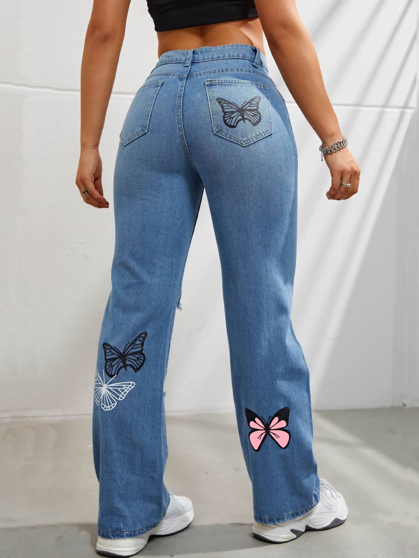 Denim Pants High Waisted Straight Leg Jeans For Women Trendy Butterfly Print Ripped Distressed Denim Pants