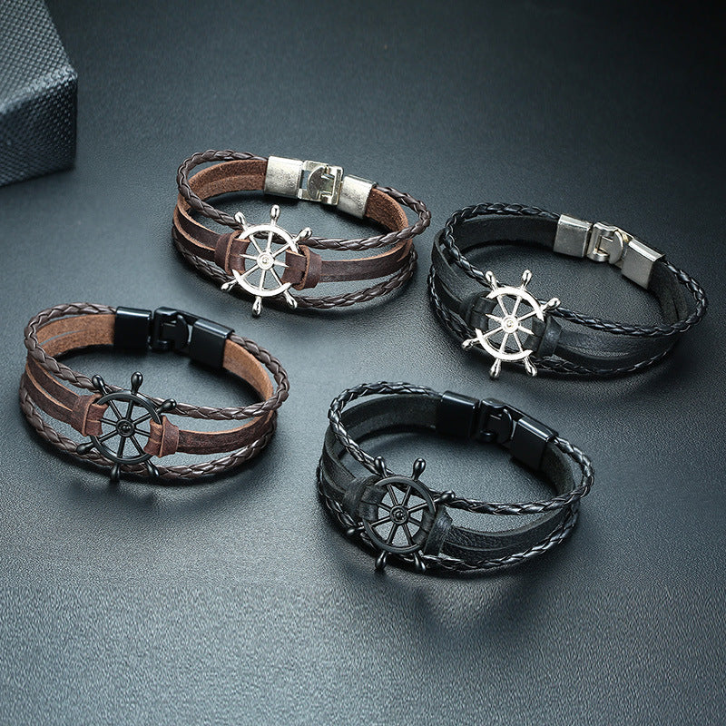 Leather Bracelet Black Alloy Buckle Rudder - sumet.shop