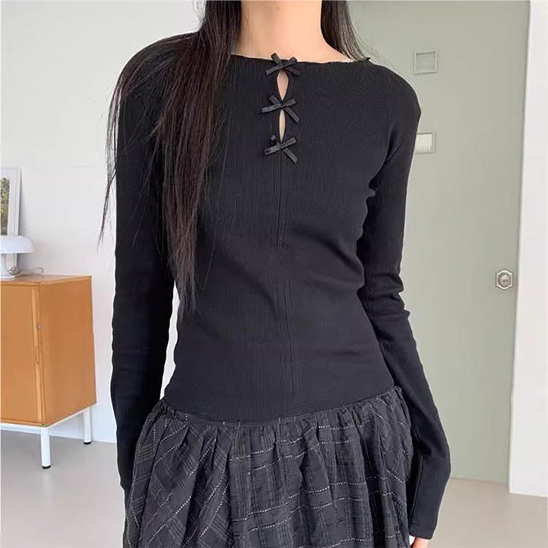 Round Neck Shirt Spring New Women's Solid Color Round Neck Hollow Bow Knitted Top