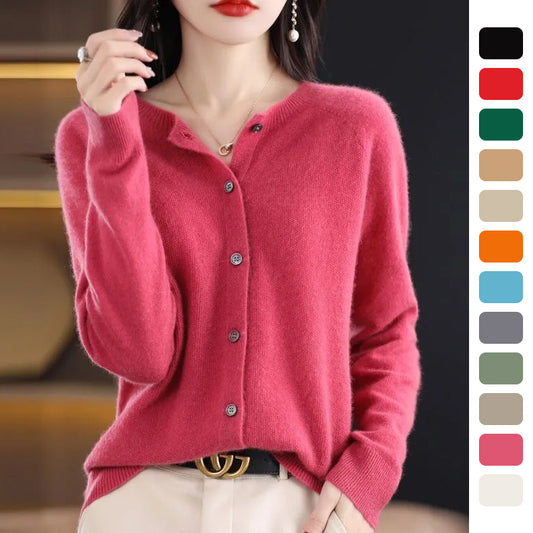 Cashmere Wool Cardigan Sweater Women's O-Neck Long-sleeve