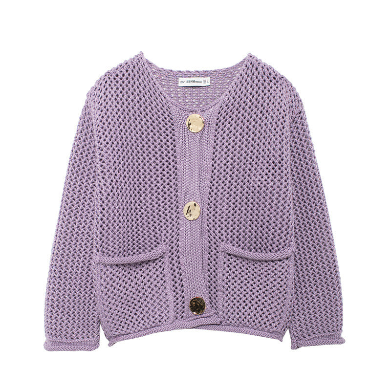 Women's Fashion Pocket Round Neck Thick Needle Knitted Coat
