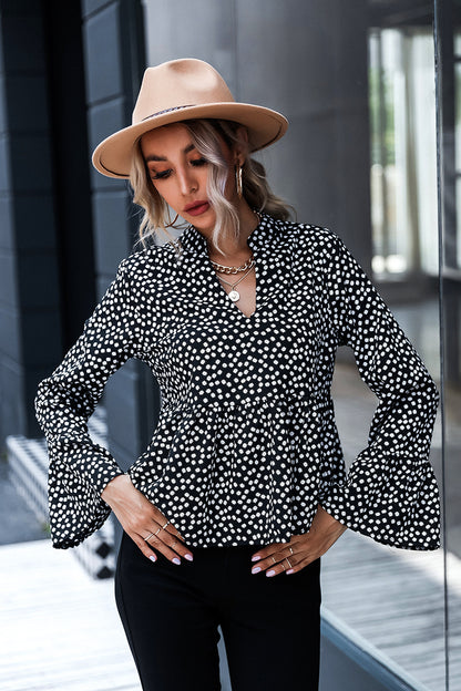 Women's Fashion V Neck Polka Dot Long Sleeve Shirt Elegant Top