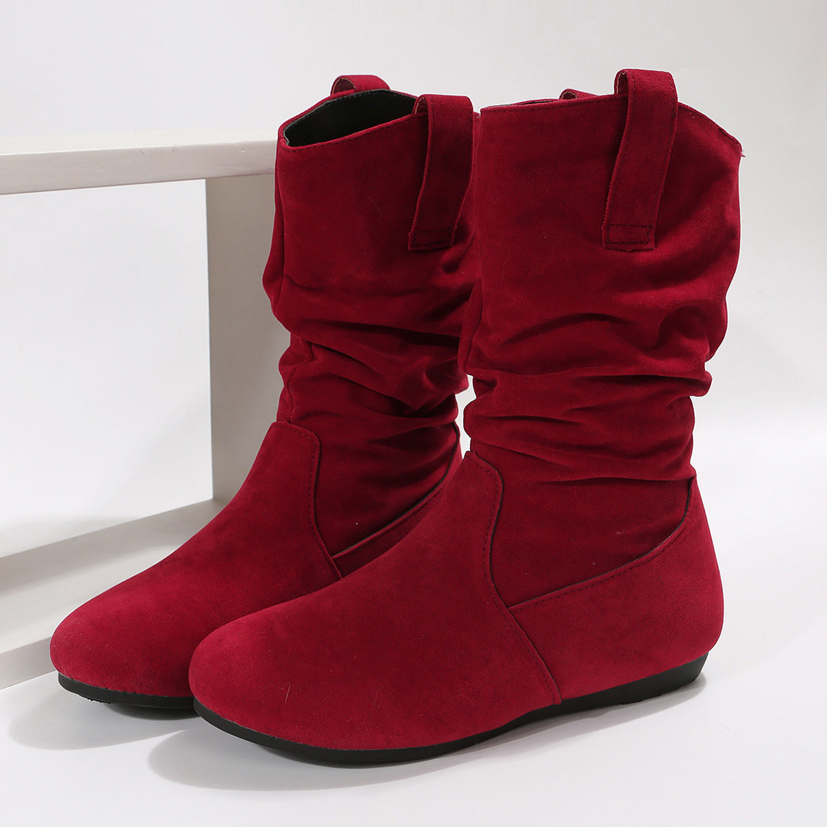 Round Toe Flat Boots Fashion Solid Color Suede Mid-calf Boot Winter Warm Shoes For Women