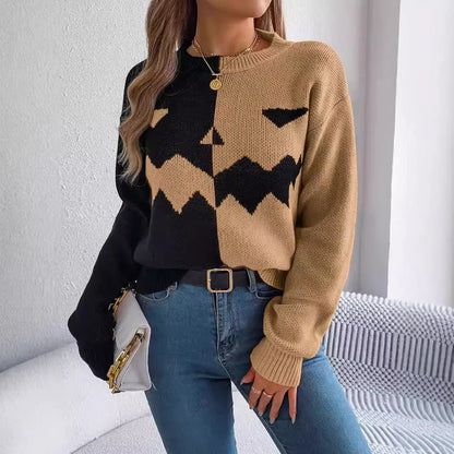 Halloween Pullover Sweater Contrast-color Pullover Sweater Fashion Long Sleeve Knitted Tops For Womens Clothing