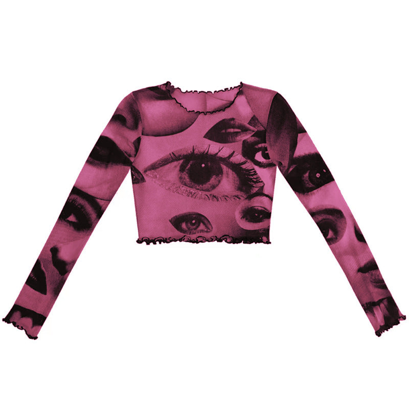 New Style Women's Mesh Gauze Big Eyes Print Short Cropped Top T-shirt Wood Ears