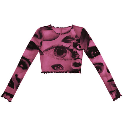 New Style Women's Mesh Gauze Big Eyes Print Short Cropped Top T-shirt Wood Ears
