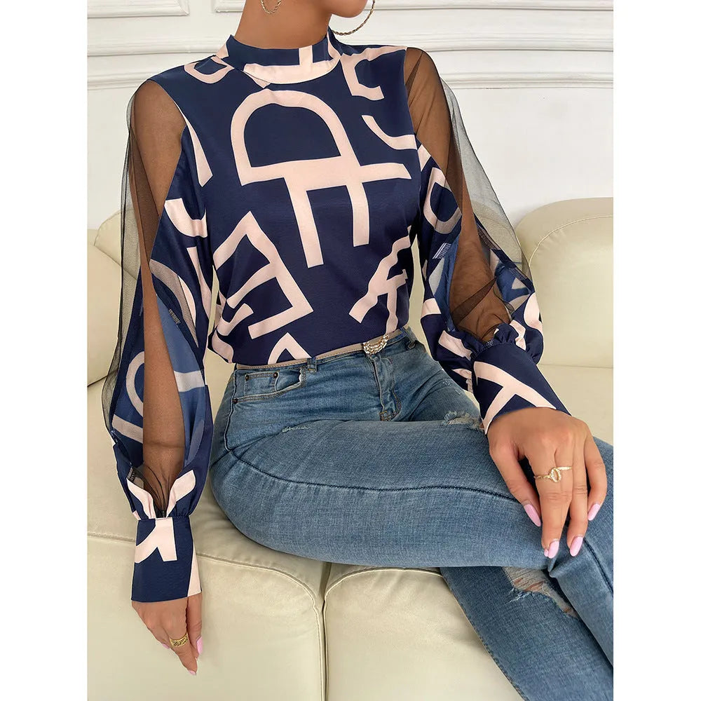 Round Neck Pullover Top Geometric Print Stitching Mesh Round Neck Pullover Top