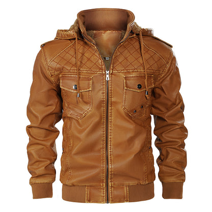 Hooded Leather Jacket Fleece-lined Men's Autumn And Winter New - sumet.shop