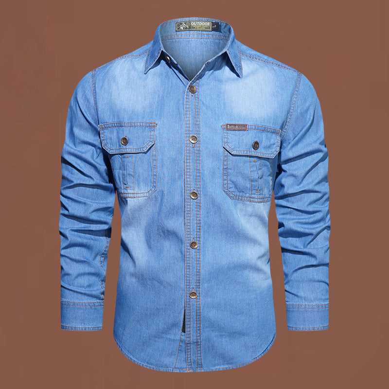 Denim Long-sleeved Shirt  Cotton Bamboo Denim Long-sleeved Shirt Men's Casual Cotton Washed Jacket