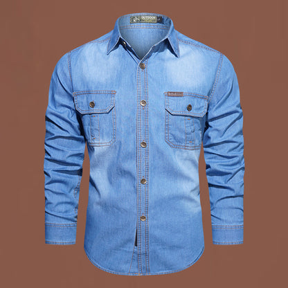 Denim Long-sleeved Shirt  Cotton Bamboo Denim Long-sleeved Shirt Men's Casual Cotton Washed Jacket