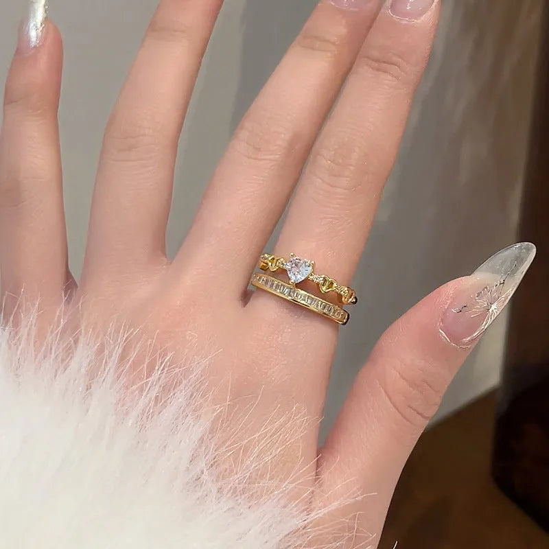 Ring Female Dual Layer Rhinestone Loving Heart Zircon Ring Female Dual Layer Open-end