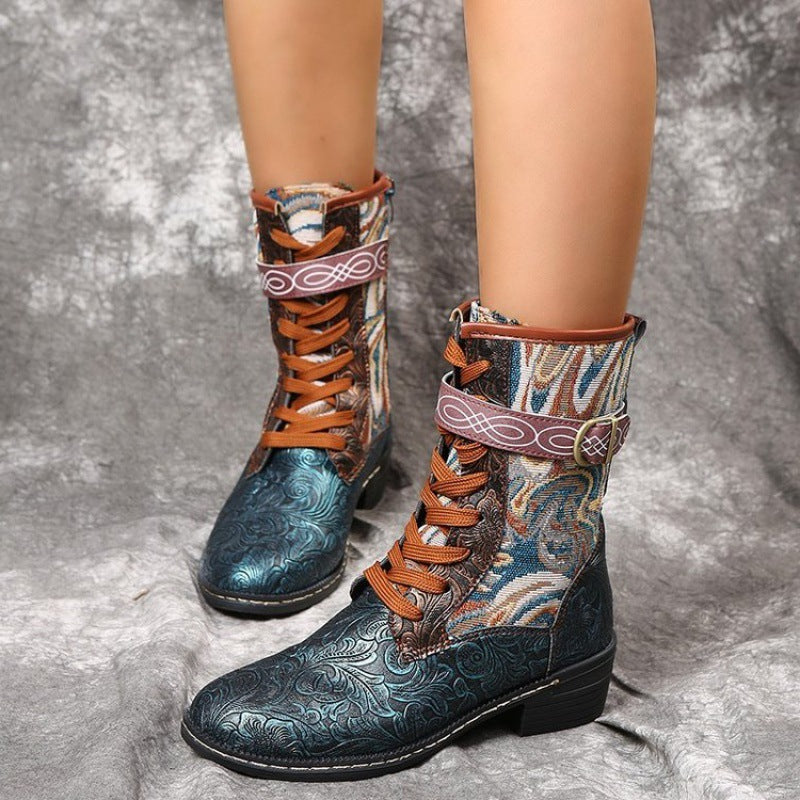 Heel Martin Boots Retro Embroidered Ethnic Style Square Heel Martin Boots