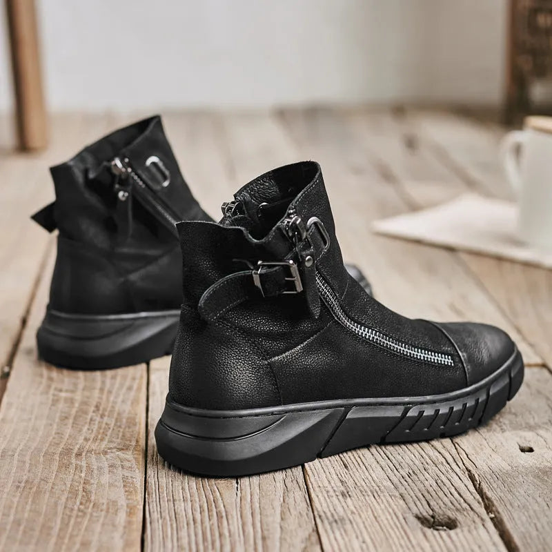 Snow Black British Boots Round Toe and Velvet Mid-Top Tide Shoes