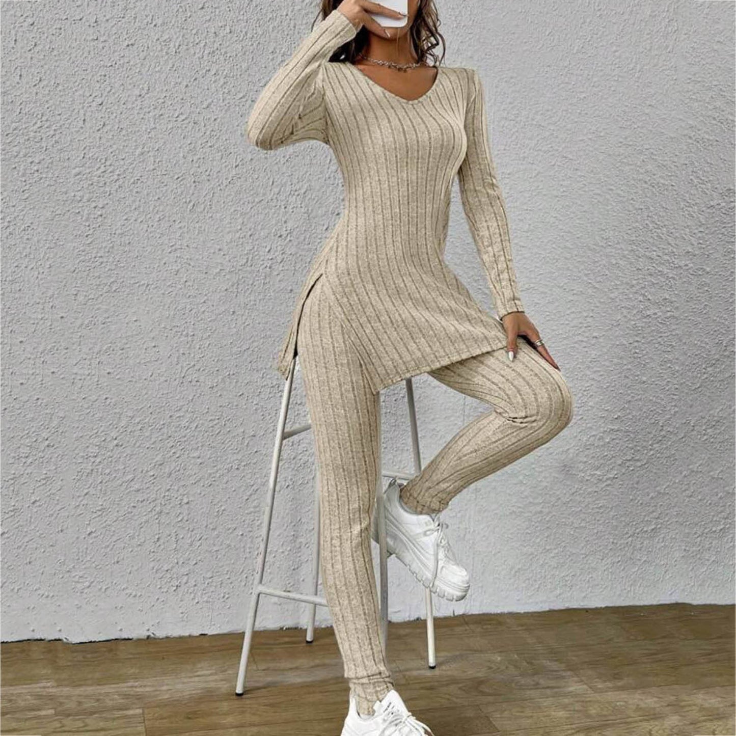 Long Sleeve Trousers Split Round-neck Shirt Loose Smart Trousers Suit