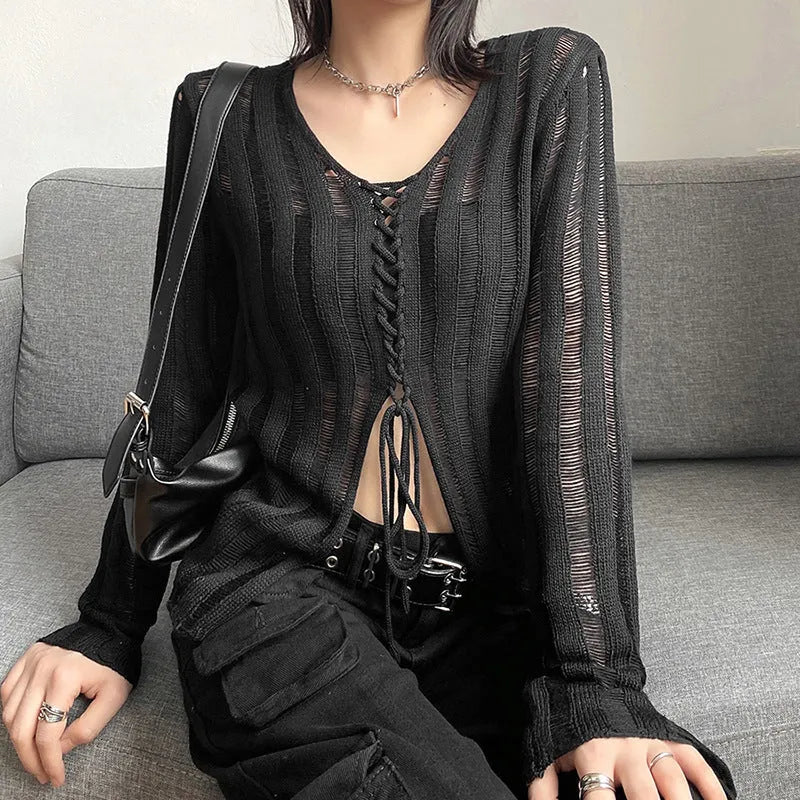 V-neck Top Sweater Women's Solid Color Loose Street Fashion V-neck Top