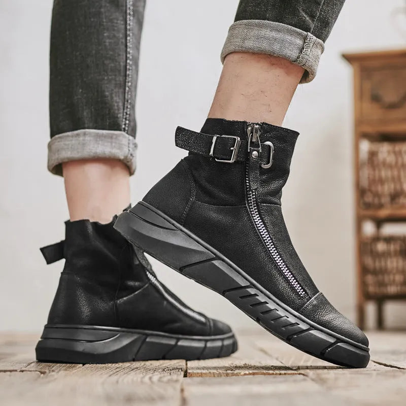 Snow Black British Boots Round Toe and Velvet Mid-Top Tide Shoes