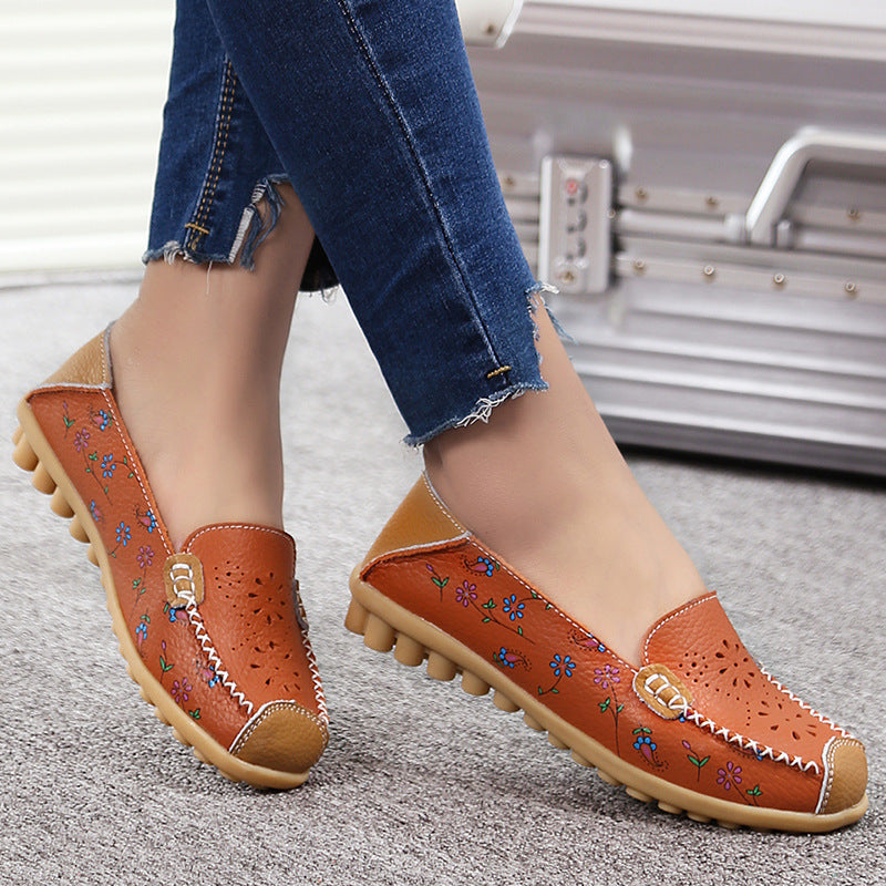 Leather printed women's shoes hole shoes