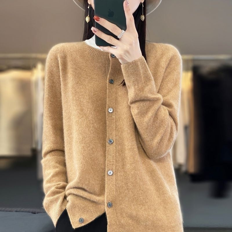 Cashmere Wool Cardigan Sweater Women's O-Neck Long-sleeve