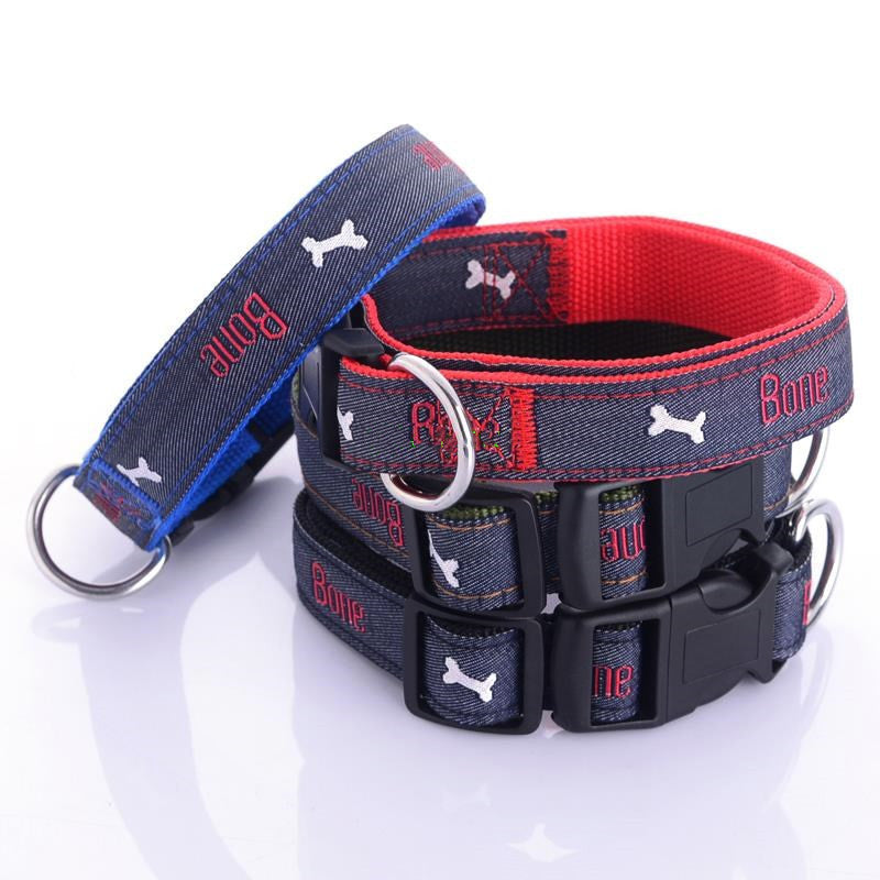 Jeans Dog Collar Embroidered Leather Dog Bone Choker Leash