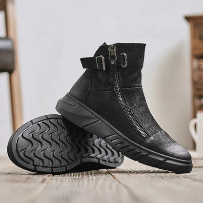 Snow Black British Boots Round Toe and Velvet Mid-Top Tide Shoes