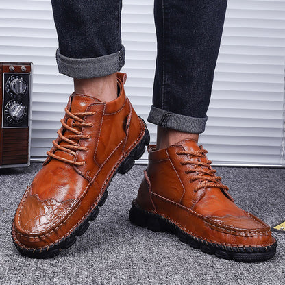 Winter Cowhide Casual Leather Shoes British Middle Cut Martin Boots