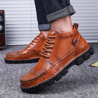 Winter Cowhide Casual Leather Shoes British Middle Cut Martin Boots