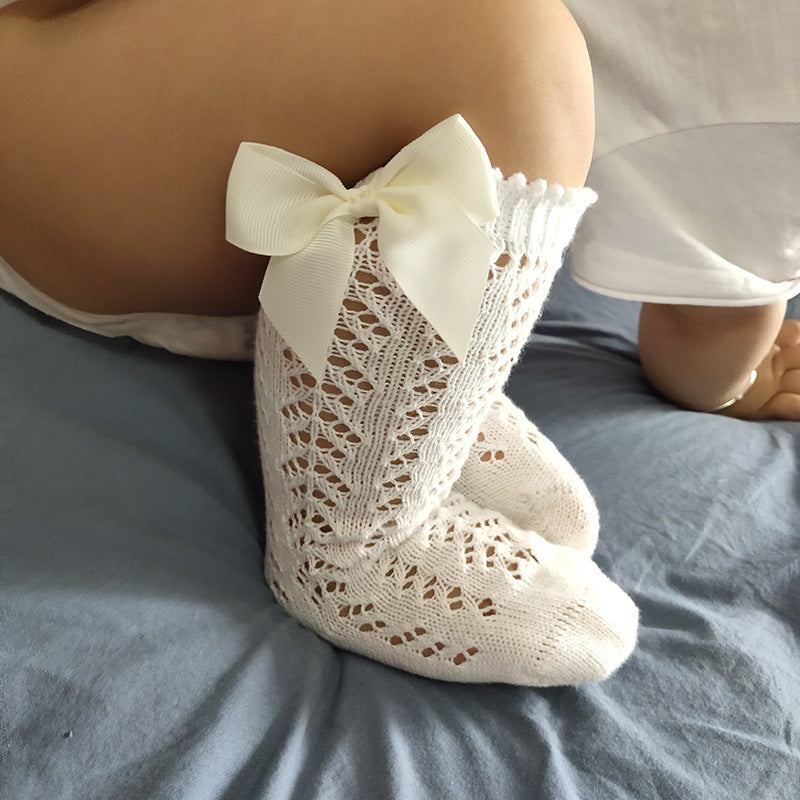 Cute Girls Knee High Socks Bows Cotton Breathable Soft Children Socks Hollow Out Non-slip Newborn Infant Long Socks