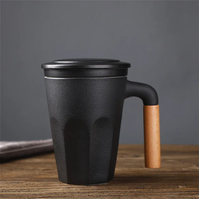 Ceramic Large Capacity Mug Custom Japanese Stoneware Office Cup Wooden Handle Gift Cup With Lid Tea Separation