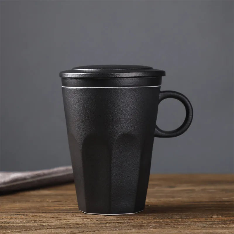 Ceramic Large Capacity Mug Custom Japanese Stoneware Office Cup Wooden Handle Gift Cup With Lid Tea Separation