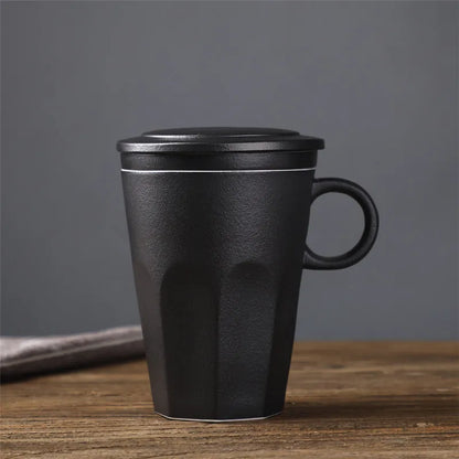 Ceramic Large Capacity Mug Custom Japanese Stoneware Office Cup Wooden Handle Gift Cup With Lid Tea Separation