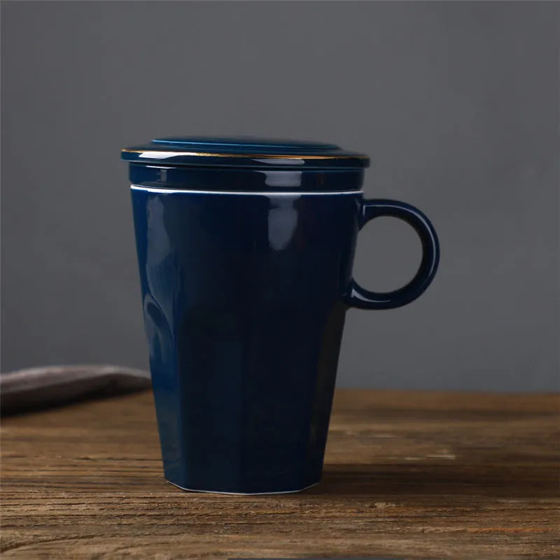 Ceramic Large Capacity Mug Custom Japanese Stoneware Office Cup Wooden Handle Gift Cup With Lid Tea Separation