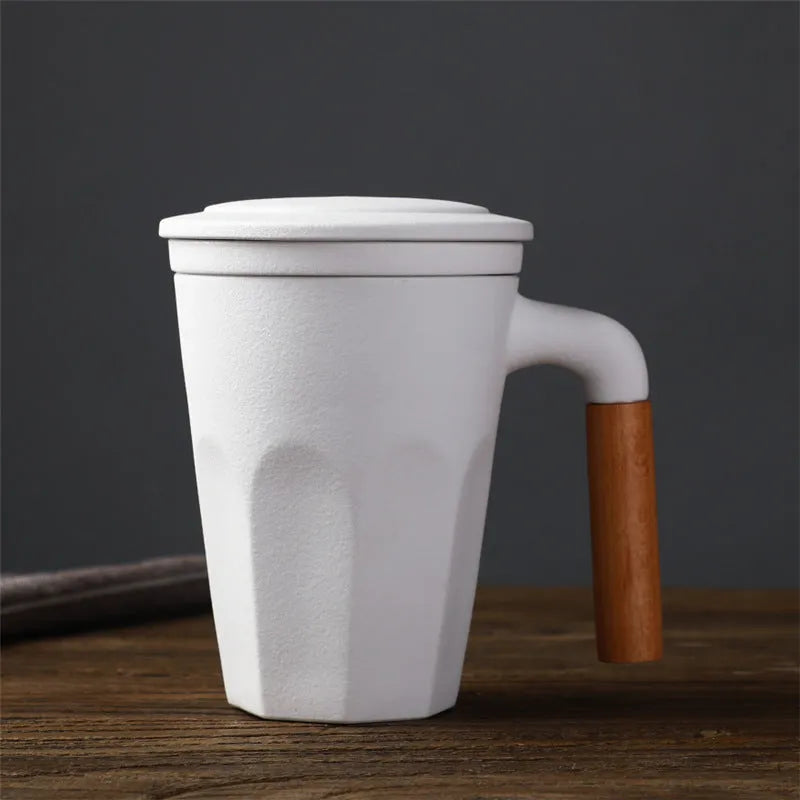 Ceramic Large Capacity Mug Custom Japanese Stoneware Office Cup Wooden Handle Gift Cup With Lid Tea Separation