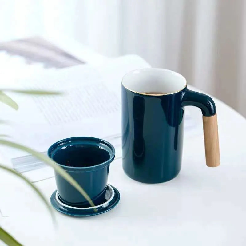 Ceramic Large Capacity Mug Custom Japanese Stoneware Office Cup Wooden Handle Gift Cup With Lid Tea Separation