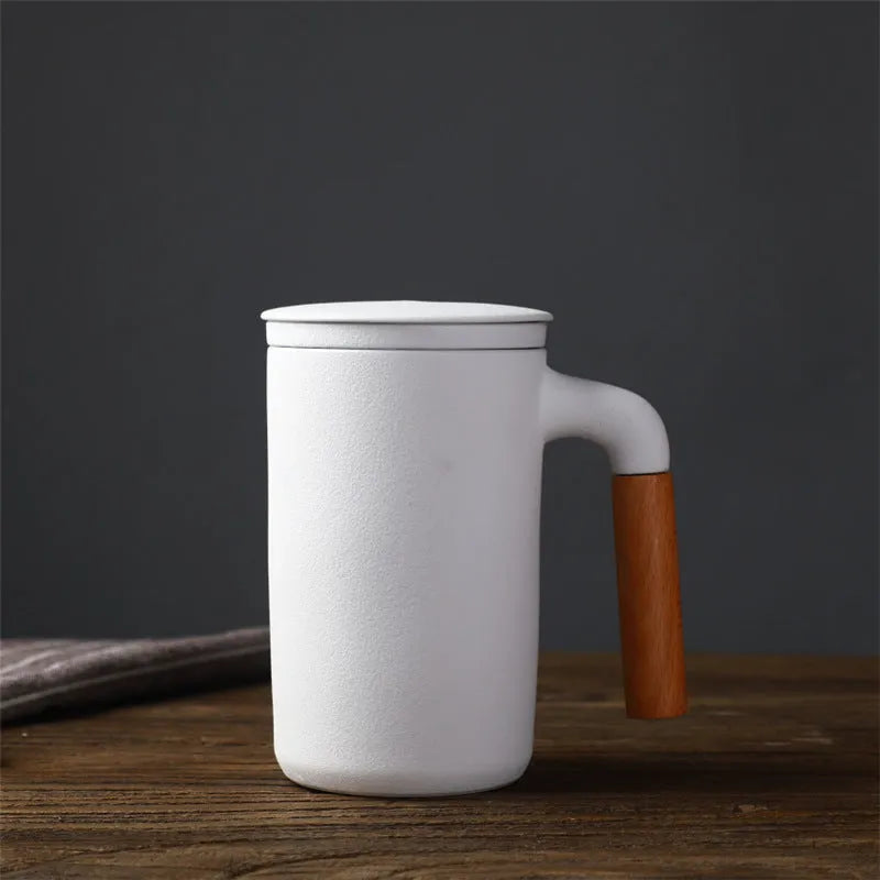 Ceramic Large Capacity Mug Custom Japanese Stoneware Office Cup Wooden Handle Gift Cup With Lid Tea Separation