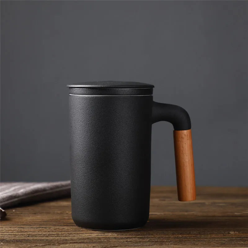 Ceramic Large Capacity Mug Custom Japanese Stoneware Office Cup Wooden Handle Gift Cup With Lid Tea Separation